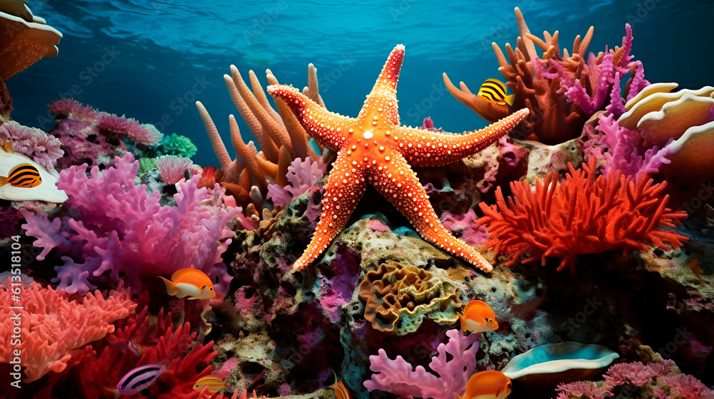 Wall mural tropical sea underwater starfish on coral reef. aquarium oceanarium wildlife colorful marine panoram - Wall murals