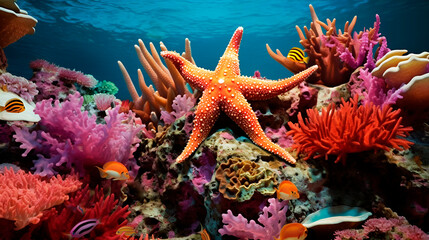 Tropical sea underwater starfish on coral reef. Aquarium oceanarium wildlife colorful marine panorama landscape nature snorkeling diving - obrazy, fototapety, plakaty