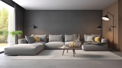Modern minimalist living room. Gray empty walls, large corner sofa, round coffee table, floor lamps, green plant in a floor pot, floor-to-ceiling window with garden view. Mockup, 3D Generative AI