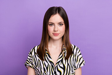 Fototapeta premium Photo of charming pretty stunning lady wear glamour retro zebra shirt brown hair confident serious face isolated on purple color background