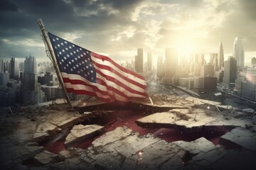The fallen American flag against the background of destroyed skyscrapers. The collapse of the American economy, inflation, bankruptcy, the destruction of the financial system. Generative AI