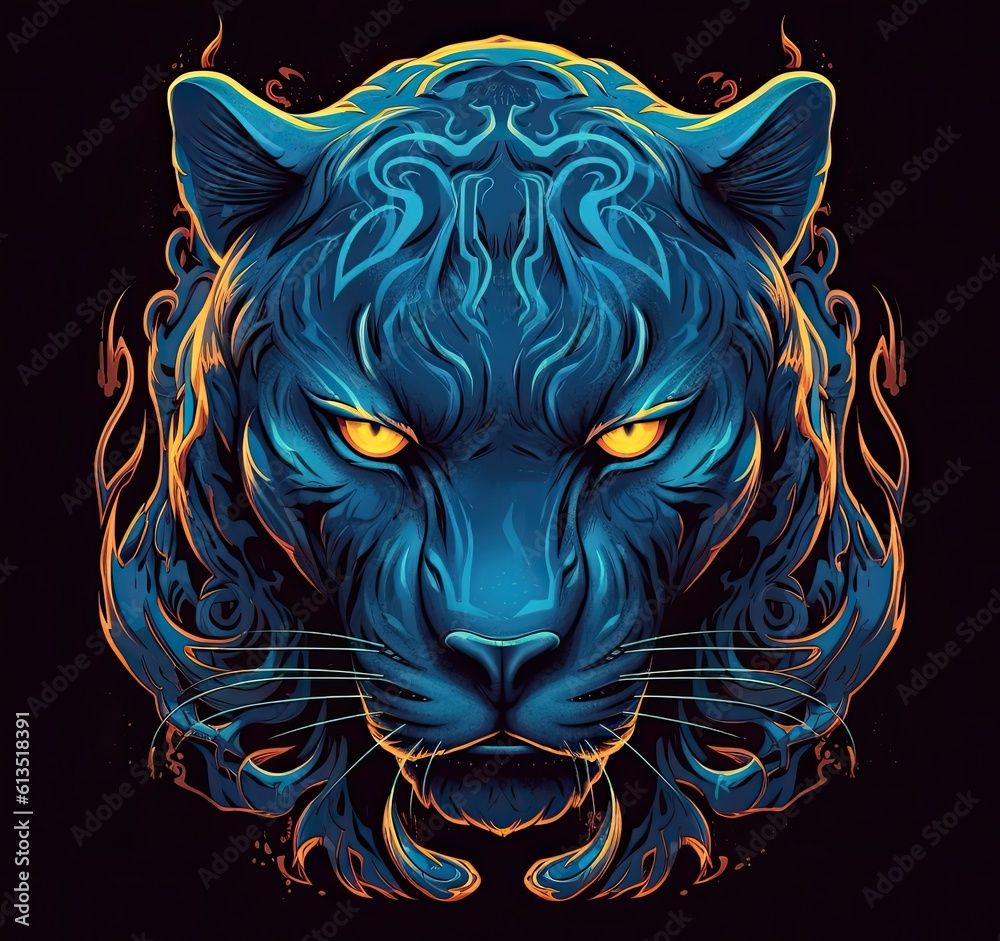 Wall mural Black panther on a background of fire, evil panther on a black background, close-up. For prints, interiors, wall art, decoration, covers, and banners. Generative AI