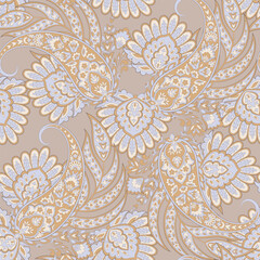 Paisley ethnic seamless vector pattern with floral elements.
