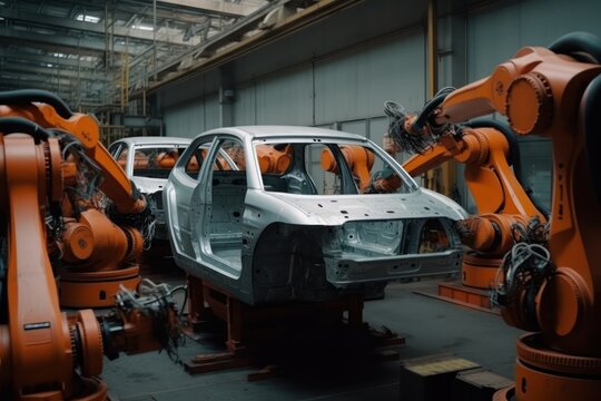 Robotic conveyor line for car assembly. Modern workshop with automated equipment. Mechanical assembly of car bodies. Automated production of cars at the factory, complete replacement for Generative AI