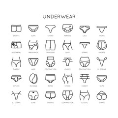 Underwear set icons. Provided thong panties, lace, braces, hipsters, daring, shorts, corrective, classic, invisible.