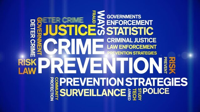 Crime Prevention animated tag word cloud;text design animation kinetic typography seamless loop.