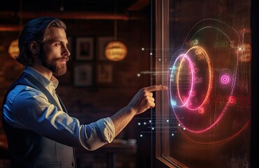 Fototapeta na wymiar A bearded man is engaged with a heads up display, hologram, pointing.
