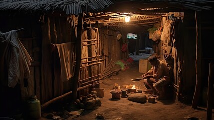 Obraz na płótnie Canvas A man sits in a tunnel located in a slum.