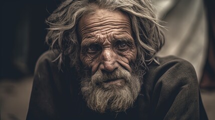 A close up of a tired looking homeless man.