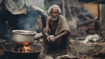 A man sits by a big cooking pot in a slum.