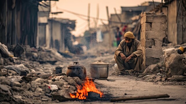 A man sits alone in a slum street.