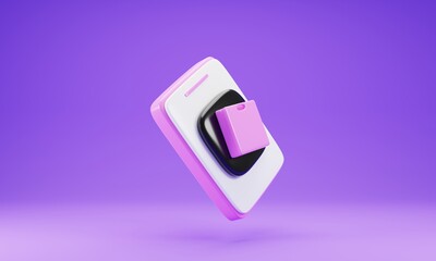 3d rendering smart phone with shopping bag icon isolated on purple background