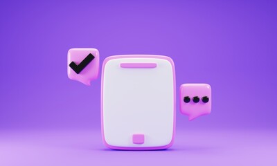 3d rendering pink smart phone icon isolated on purple background. 3d illustration
