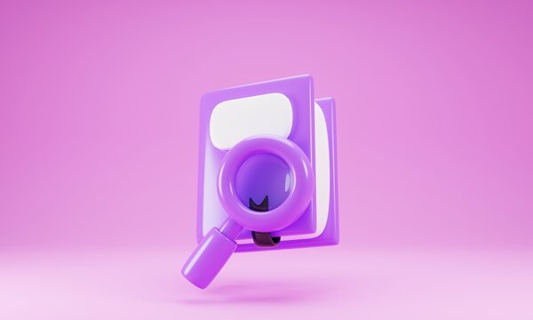 3d Rendering Purple Book With Magnifying Glass Icon Isolated On Pink Background