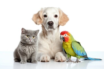 banner for a pet shop a dog and two kittens on a white background with a place for text geneartive ai