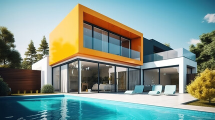 Fototapeta premium Modern villa with pool and garden. Generative Ai