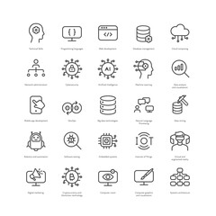 Outline style ui icons hard technical skill collection. Vector black linear icon illustration set. Programming, development and big data symbol isolated on white background. Design element