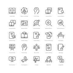 Outline style ui icons hard science skill collection. Vector black linear icon illustration set. Academic, research, education scientist competance symbol isolated on white. Design for education