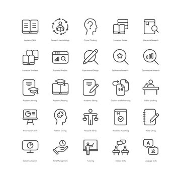 Outline style ui icons hard science skill collection. Vector black linear icon illustration set. Academic, research, education scientist competance symbol isolated on white. Design for education
