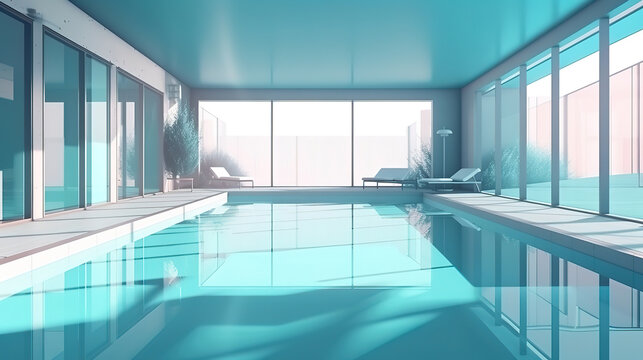 Modern swimming pool with blue wate. Generative Ai