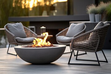 concept of relaxation and communication Outdoor backyard fire pit with grey modern outdoor furniture chairs seating on a sunset residential house terrace generative ai - obrazy, fototapety, plakaty