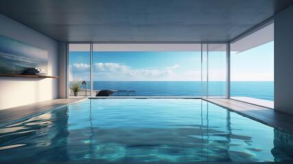 Obraz na płótnie Canvas Sea view swimming pool in modern loft design,Luxury ocean Beach house. Generative Ai