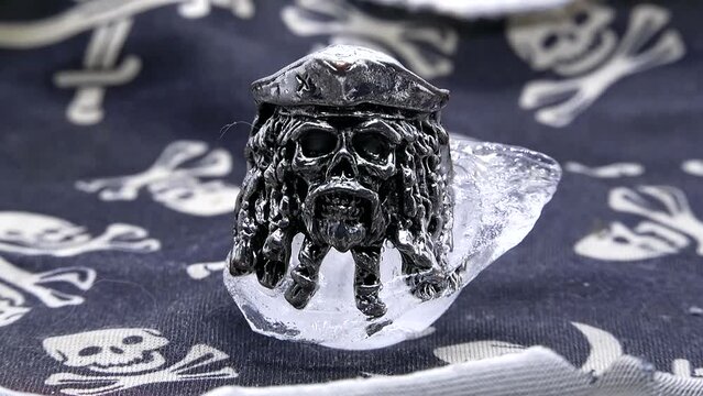 Ice melts in a frozen pirate skull ring