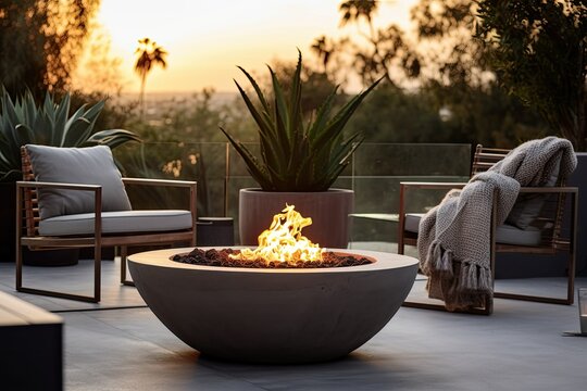 concept of relaxation and communication Outdoor backyard fire pit with grey modern outdoor furniture chairs seating on a sunset residential house terrace generative ai