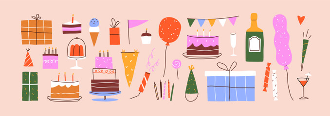 Happy birthday elements set. Festive decoration items, gift boxes, balloons, cakes, candles for holiday celebration. Presents, garlands, party hats bundle. Colorful isolated flat vector illustrations