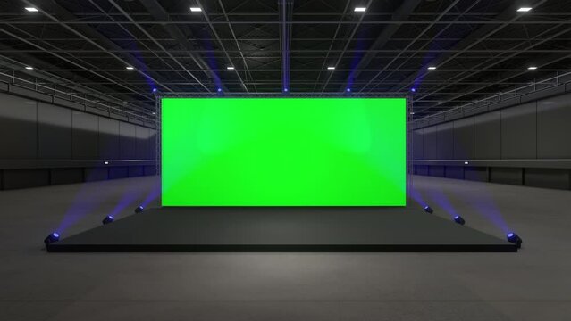 Motion Empty stage Design for mockup and Corporate identity,Display.Stage green screen in hall.Blank screen for Graphic Resources.Scene event led night light staging.Animation loop 4k.3D render.	