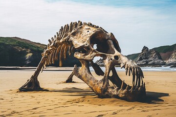 Large Reptile Skeleton Display on Sandy Beach - AI Generative