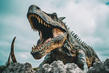 Large Dinosaur Statue with Open Mouth in Grassy Area - AI Generative