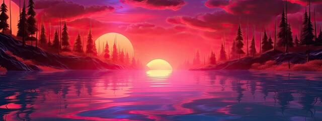 banner hand drawn landscape painted landscape 3d  sunset on the beach. Sun reflection in water. Futuristic landscape. Digital landscape cyber surface. generative ai