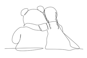 Kid hugging teddy bear. Hand drawn continuous line vector illustration. Outline drawing child and a toy.  National Hug day template for postcard, banner, t shirt printing, package design.
