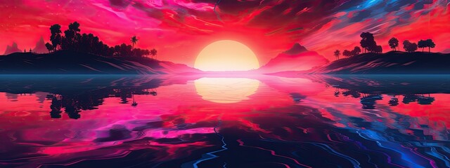 Fototapeta premium banner hand drawn landscape painted landscape 3d sunset on the beach. Sun reflection in water. Futuristic landscape. Digital landscape cyber surface. generative ai