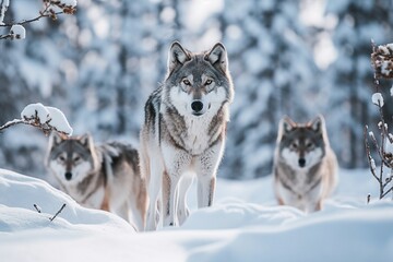Pack of Wolves Walking Together in Snowy Landscape - AI Generative