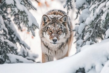 Grey Wolf Walking Through Snow-Covered Forest - AI Generative