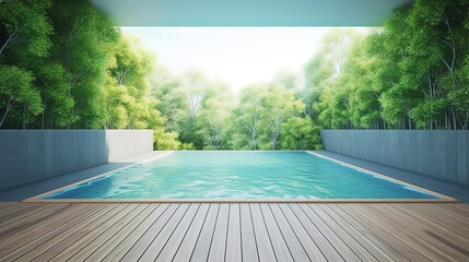 There are wooden floor,green tile in the swimming pool. Generative Ai
