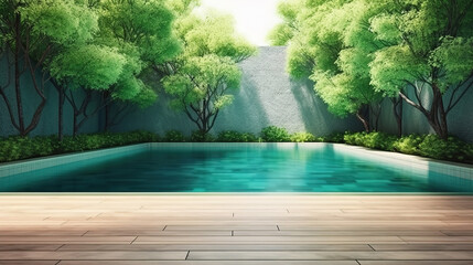 There are wooden floor,green tile in the swimming pool. Generative Ai