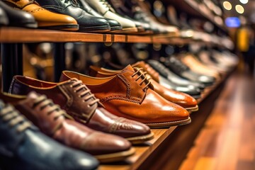 A close - up shot of a rack of shoes in a high - end shoe store.  Generative AI
