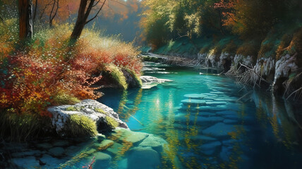 Fototapeta na wymiar Parc national des lacs de Plitvice en Croatie. Generative Ai