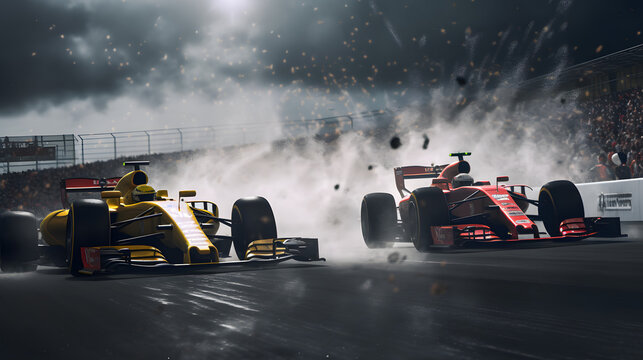 Race to Victory: Formula 1 Cars Zooming on the Track - Intense Competition