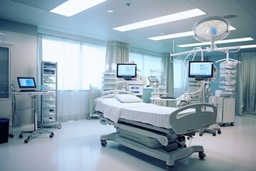 A wide - angle shot of a hospital room interior, focusing on the modern medical equipment and technology. Generative AI
