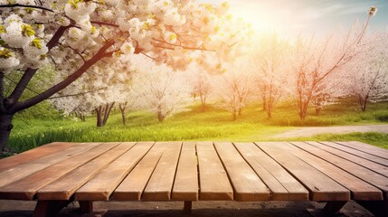 A Spring Scene of Fruit & Nature: Cherry Blossoms in Garden with Wooden Table, Generative AI
