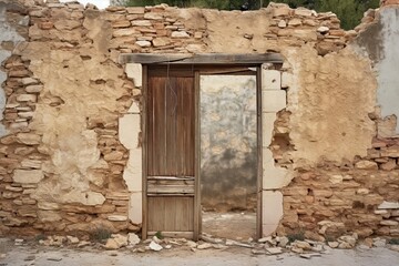 Abandoned Entrance of an Ancient Village in Rural Spain: Wooden and Glass Door in A State of Ruin. Generative AI