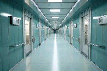An overhead shot of a hospital hallway with closed doors on either side. Generative AI