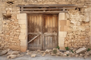 Abandoned Entrance to an Ancient Village: A Ruined Wooden and Glass Door in Rural Spain, Generative AI