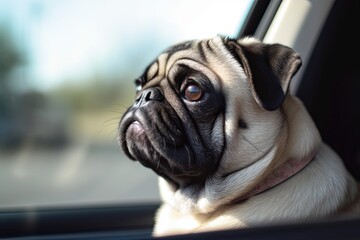 Cute Pug Enjoys the Summer Air on a Fun-Filled Trip: Close-up of Adorable Domestic Pet Driving and Sticking Its Head Out Open Window, Generative AI