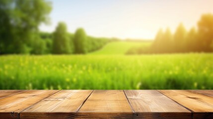 Empty Wooden Table for Product Display Set Against a Beautiful Spring Green Meadow With Bokeh Sun Rays, Generative AI