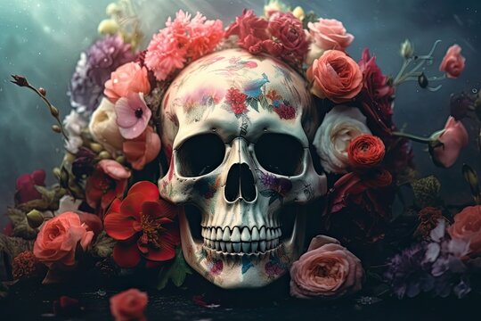 Celebrating Life and Death - Mexican Culture Captured in a Day of the Dead Skull and Poppy Flowers: Generative AI